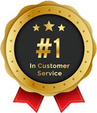 Gold badge with #1 in Customer Service and three stars.