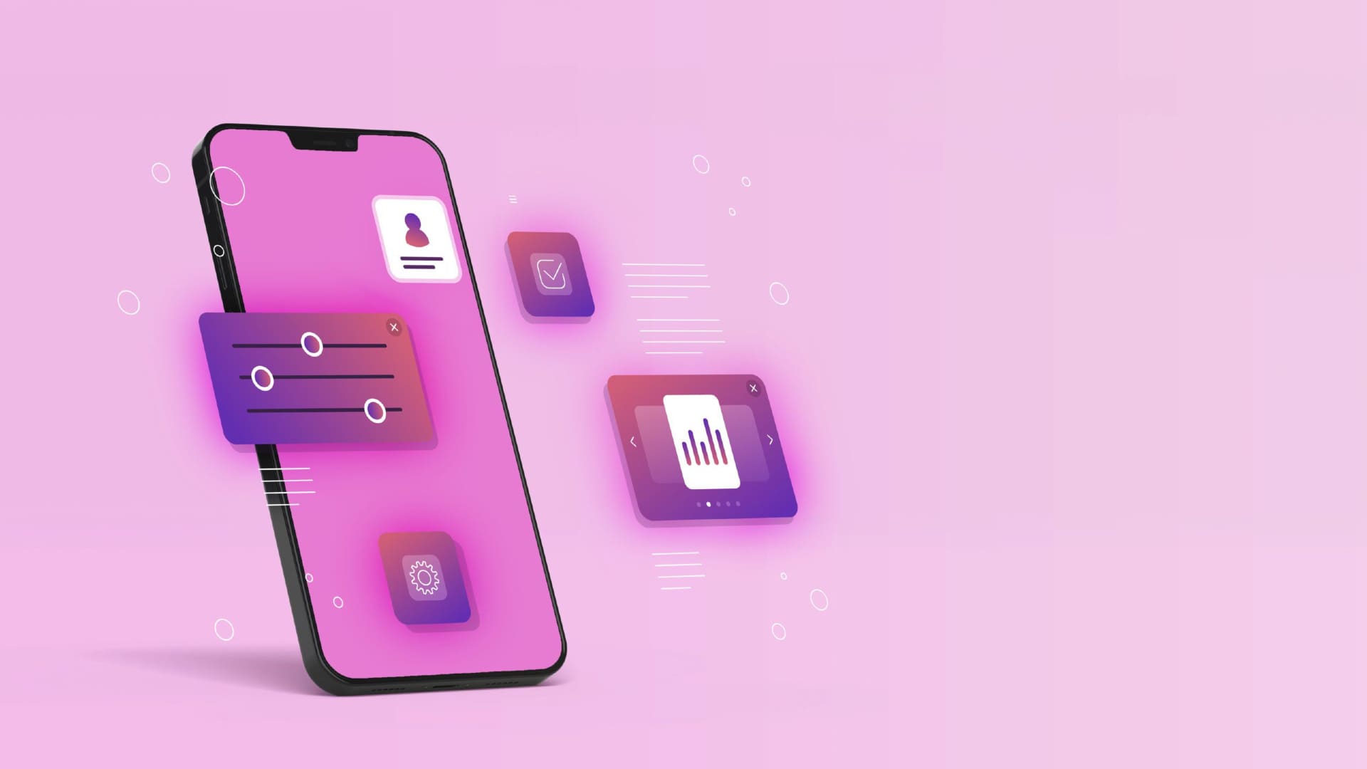 Smartphone with floating app icons, pink background.