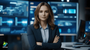 Businesswoman in office with digital screens.