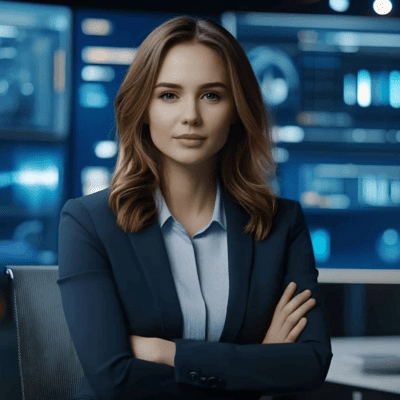 Businesswoman in office with digital screens.