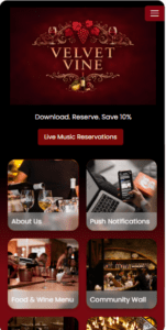 Velvet Vine app menu with wine theme.