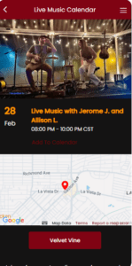 Live music event with map location.