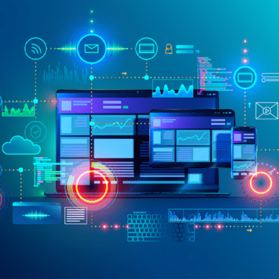 Digital devices with futuristic data interface display.