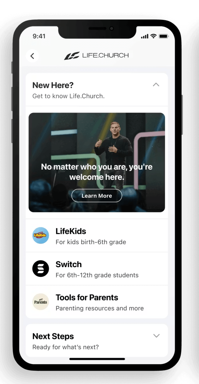 Mobile app interface for Life.Church community.