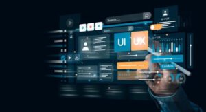 Hand interacting with digital UI/UX interface.